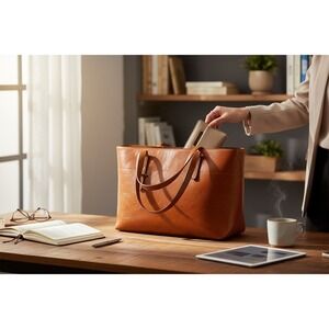 Iswee Brown Faux Leather Satchel Work Bag Tote Purse Horizontal Version